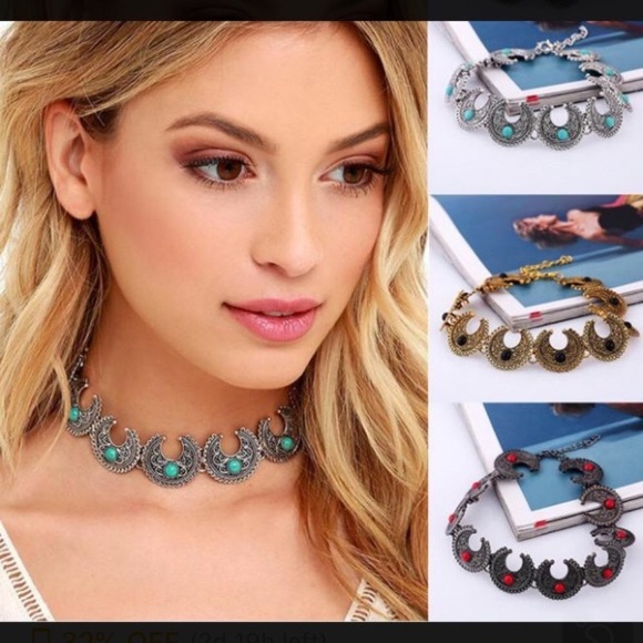 Finnish Gypsy Jewelry - Crescent Moon, Gypsy Boho Choker Necklace NWT Silver & Turquoise, Gold & Black